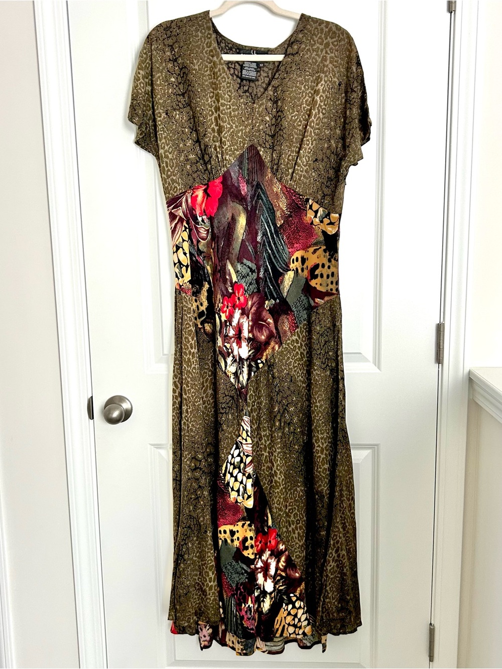 VTG 90s CAROLE LITTLE Abstract Cheetah Print Rayon Dress Artsy Boho Sz 12 Maxi
